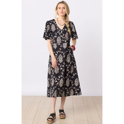 Narlai Short-Sleeve V-Neck Midi Dress - Black/Natural