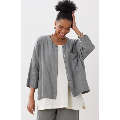 Rishra Cotton Double Gauze Embroidered Jacket - Storm