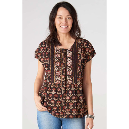 Shalu Cap Sleeve Button-Down Top - Black/Multi