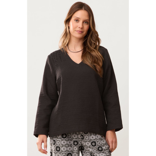 Deepa V-Neck Matelassé Top - Charcoal black