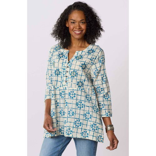 Naseera 3/4-Sleeve Notch-Neck Top - White/Blue